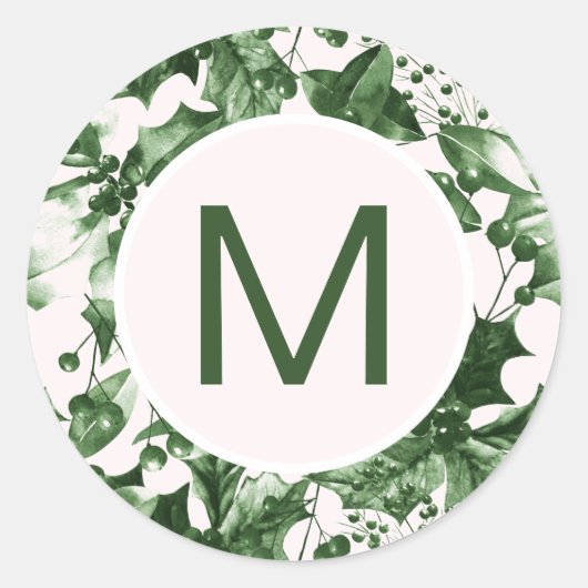 Sticker Rond Chic Noël Green Holly Imprimer Monogramme (Devant)
