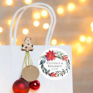 Sticker Rond Chic Noël Poinsettia Floral Mariage Wreath