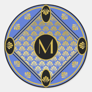 Sticker Rond Chic noir & Azure Art Déco Motif Monogramme