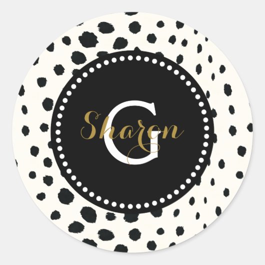 Sticker Rond Chic noir blanc cheetah imprimer motif monogramme (Devant)