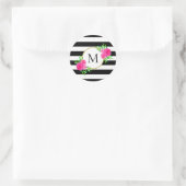Sticker Rond Chic noir blanc rayé rose floral Monogramme (Sac)