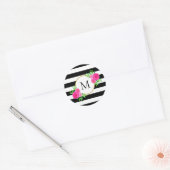 Sticker Rond Chic noir blanc rayé rose floral Monogramme (Enveloppe)