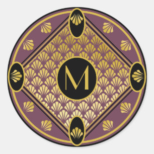 Sticker Rond Chic Noir & Mauve Art Déco Ventilateur Motif Monog