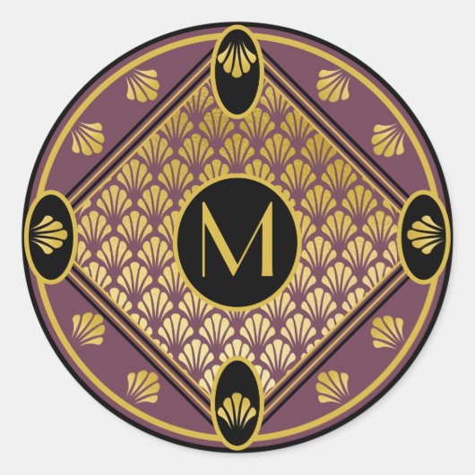 Sticker Rond Chic Noir & Mauve Art Déco Ventilateur Motif Monog (Devant)