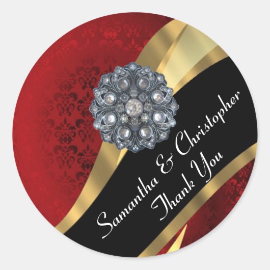 Sticker Rond Chic or et rouge mariage damassé sceau (Devant)