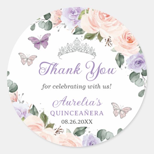 Sticker Rond Chic Purple Blush Floral Papillons Quince Argent (Devant)