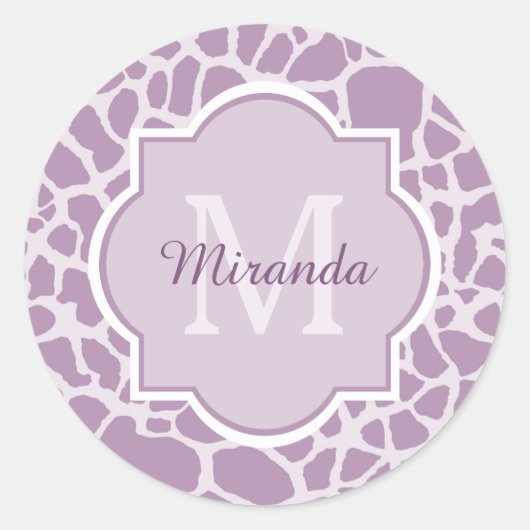 Sticker Rond Chic Purple Giraffe Imprimer avec Monogramme et no (Devant)
