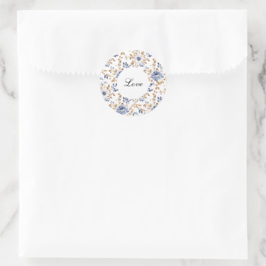 Sticker Rond Chic Romantique Bleu Blanc Floral Mariage (Sac)