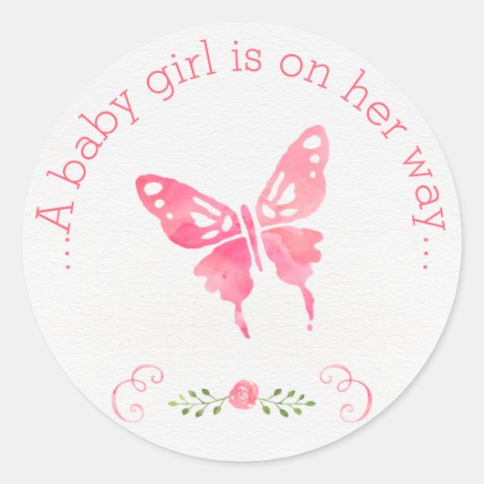 Sticker Rond Chic rose aquarelle papillon Baby shower fille (Devant)