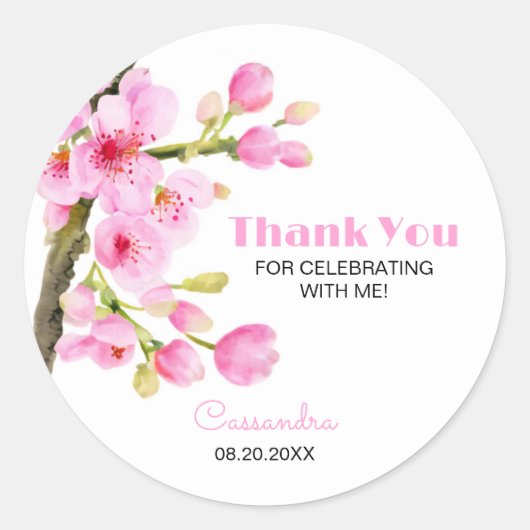 Sticker Rond Chic rose cerise fleurs Sakura Merci floral (Devant)