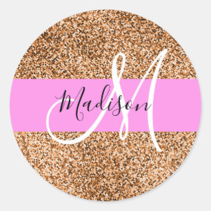Sticker Rond Chic Rose & Citrouille Paillettes Monogramme Nom