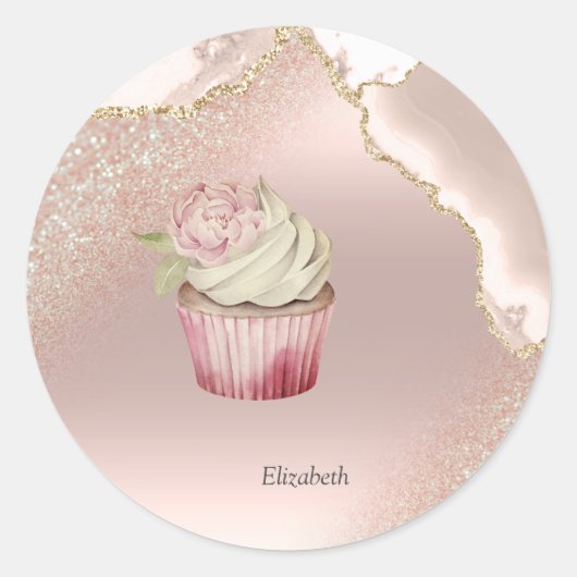 Sticker Rond Chic Rose Parties scintillant or Marble Cupcake (Devant)