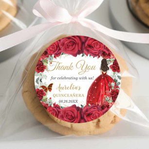 Sticker Rond Chic Roses Rouges Papillons Floraux Princesse Favo