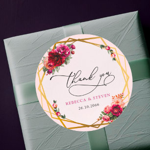 Sticker Rond Chic rouge rose floral faux or mariage merci