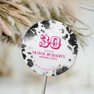 Sticker Rond Chic Rustic Cow Imprimer Hot Pink 30e fête d'anniv