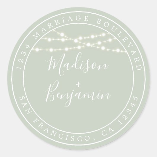 Sticker Rond Chic Rustic Lights Green Mariage Adresse de retour (Devant)