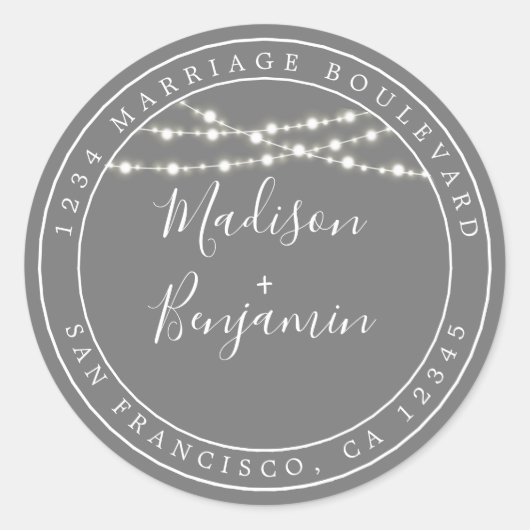 Sticker Rond Chic Rustic Lights Grey Mariage Adresse de retour (Devant)