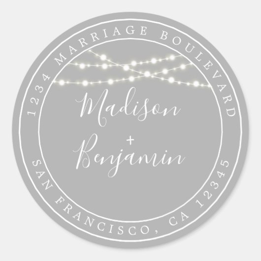 Sticker Rond Chic Rustic Lights Grey Mariage Adresse de retour (Devant)