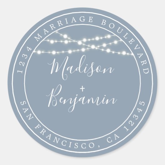 Sticker Rond Chic Rustic Lights Mariage Bleu Adresse de retour (Devant)