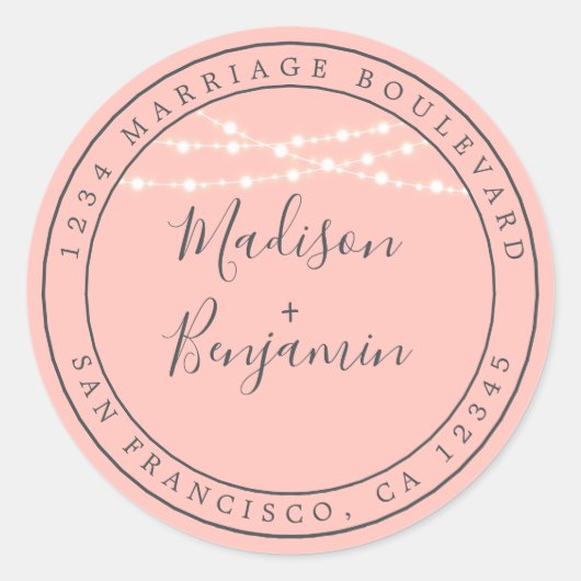 Sticker Rond Chic Rustic Lights Mariage rose Adresse de retour (Devant)
