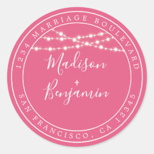 Sticker Rond Chic Rustic Lights Mariage rose Adresse de retour