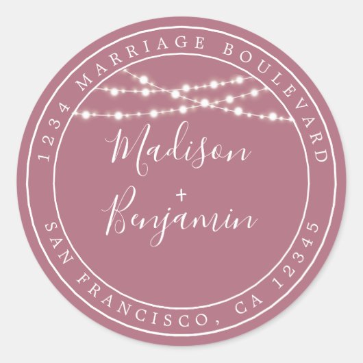 Sticker Rond Chic Rustic Lights Purple Mariage Adresse de retou (Devant)