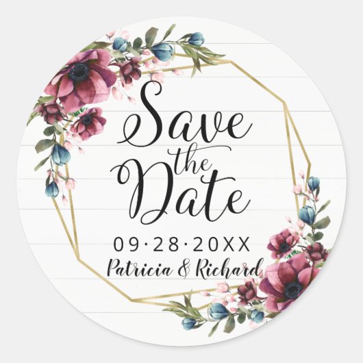 Sticker Rond Chic Rustique Fleurs Bourgogne Save The Date Class (Devant)