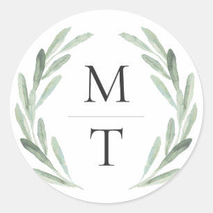 Sticker Rond Chic & Rustique Green Wreath Monogramme Mariage Fa