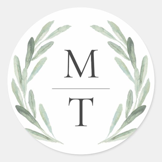 Sticker Rond Chic & Rustique Green Wreath Monogramme Mariage Fa (Devant)