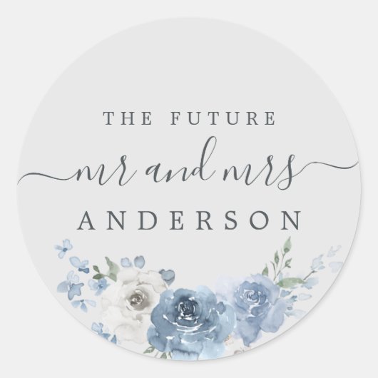 Sticker Rond Chic Script Future M. Mme Dusty Blue Floral Grey (Devant)