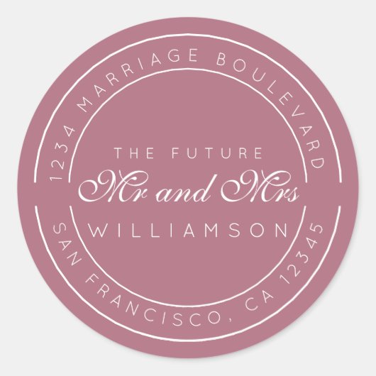 Sticker Rond Chic Script Future M. Mme Mariage Adresse de retou (Devant)