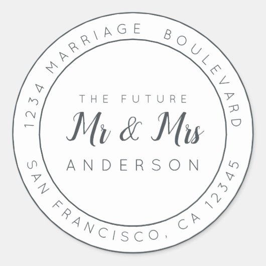 Sticker Rond Chic Script Future M. Mme Mariage Adresse de retou (Devant)