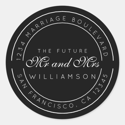 Sticker Rond Chic Script Future M. Mme Mariage Adresse de retou (Devant)
