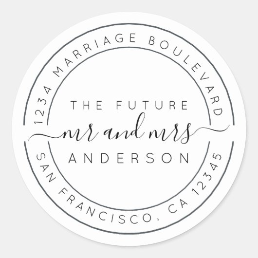 Sticker Rond Chic Script Future M. Mme Mariage Adresse de retou (Devant)