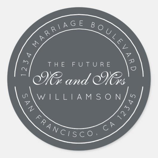 Sticker Rond Chic Script Future M. Mme Mariage Adresse de retou (Devant)