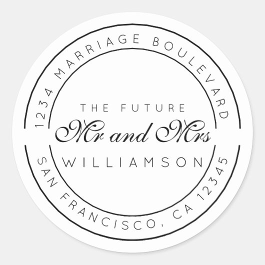 Sticker Rond Chic Script Future M. Mme Mariage Adresse de retou (Devant)