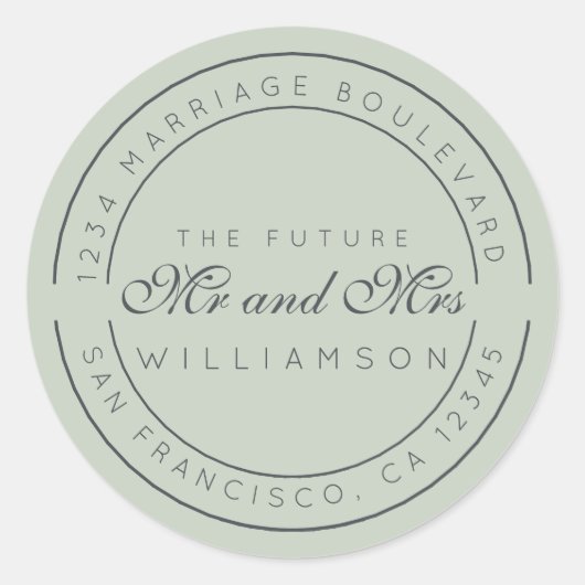 Sticker Rond Chic Script Future M. Mme Mariage Adresse de retou (Devant)