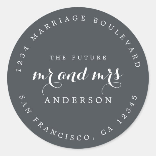 Sticker Rond Chic Script Future M. Mme Mariage Adresse de retou (Devant)