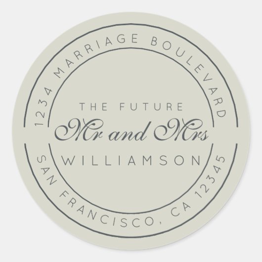 Sticker Rond Chic Script Future M. Mme Mariage Adresse de retou (Devant)