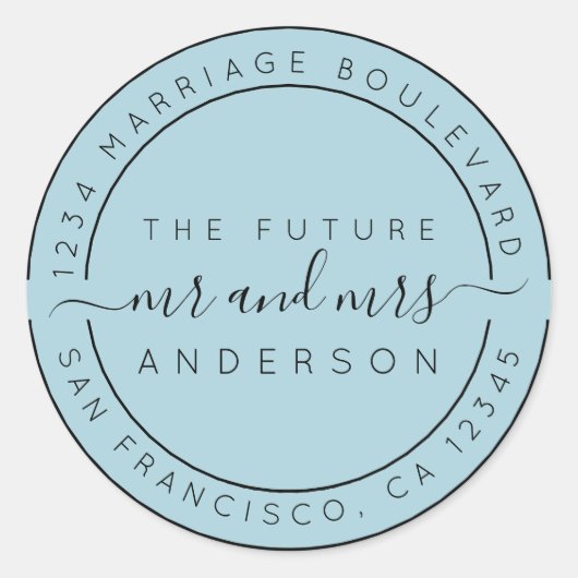 Sticker Rond Chic Script Future M. Mme Retour Adresse Bleu (Devant)