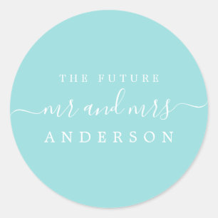 Sticker Rond Chic Script Future M. Mme Turquoise Mariage bleu