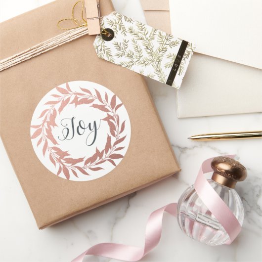 Sticker Rond Chic Script Joie Rose Gold Wreath Noël Blanc (Cadeaux)