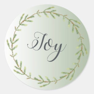 Sticker Rond Chic Script Joy Foliage Wreath Green Christmas
