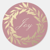 Sticker Rond Chic Script Joy Gold Wreath Christmas Dusty Rose (Devant)