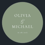 Sticker Rond Chic Script Sage Green Minimalist Wedding<br><div class="desc">Add a personal and elegant touch to your wedding favors, envelopes, or packaging with this minimalist round sticker featuring your custom name in a graceful script font. Designed to complement a modern and timeless wedding theme, this classic Sage Green and white design pairs beautifully with any part of your celebration....</div>