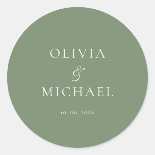 Sticker Rond Chic Script Sage Green Minimalist Wedding (Devant)
