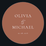 Sticker Rond Chic Script Terracotta Minimalist Wedding<br><div class="desc">Add a personal and elegant touch to your wedding favors, envelopes, or packaging with this minimalist round sticker featuring your custom name in a graceful script font. Designed to complement a modern and timeless wedding theme, this classic Terracotta and white design pairs beautifully with any part of your celebration. Perfect...</div>