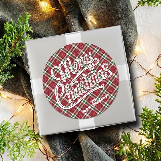 Sticker Rond Chic Sparkly Plaid Christmas