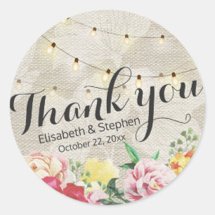 Sticker Rond Chic String Lights Linen Floral Mariage Merci