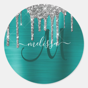 Sticker Rond Chic Turquoise brossé Parties scintillant d'argent